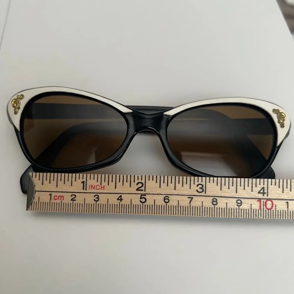 VINTAGE 1950's-60's SUNGLASSES | White, Black & Gold Accent Cat-Eye | Small